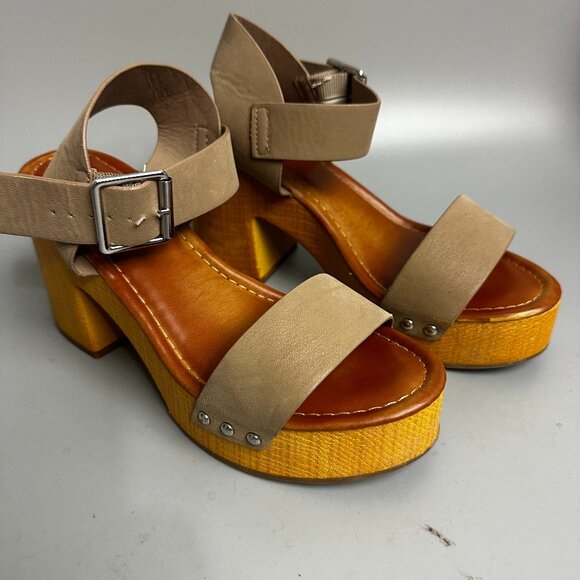 Mia‎ Platform Sandals Size 7.5M brown Summer Faux Wood Boho Block Heel retro - Picture 1 of 8